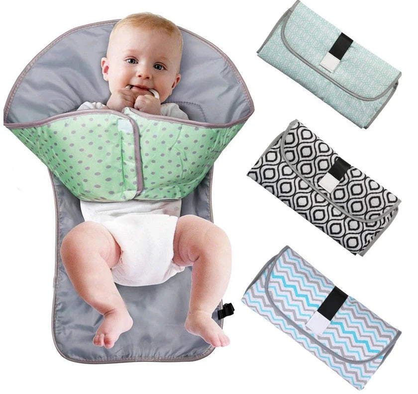 Portable and Waterproof Baby Changing Pad in various color designs, featuring a compact folded size and generous expanded size for comfortable diaper changes