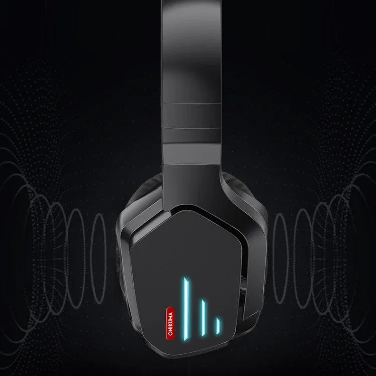 Luminous black wireless headphones with head-mounted design, showing ear cushions and adjustable headband
