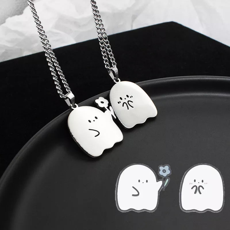 Stainless steel ghost and cat pendant necklace with water wave chain
