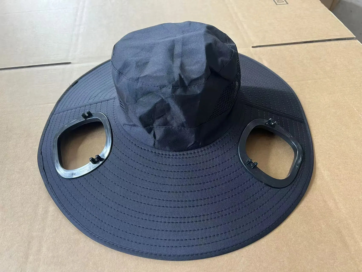 Men's grey solar fan cap with large sun shading eave and adjustable headband