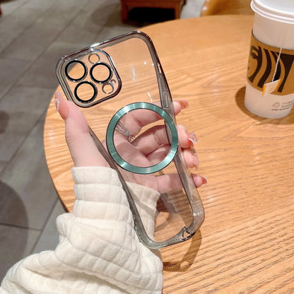 TPU transparent electroplating CD pattern magnetic phone case showing holographic effect on iPhone