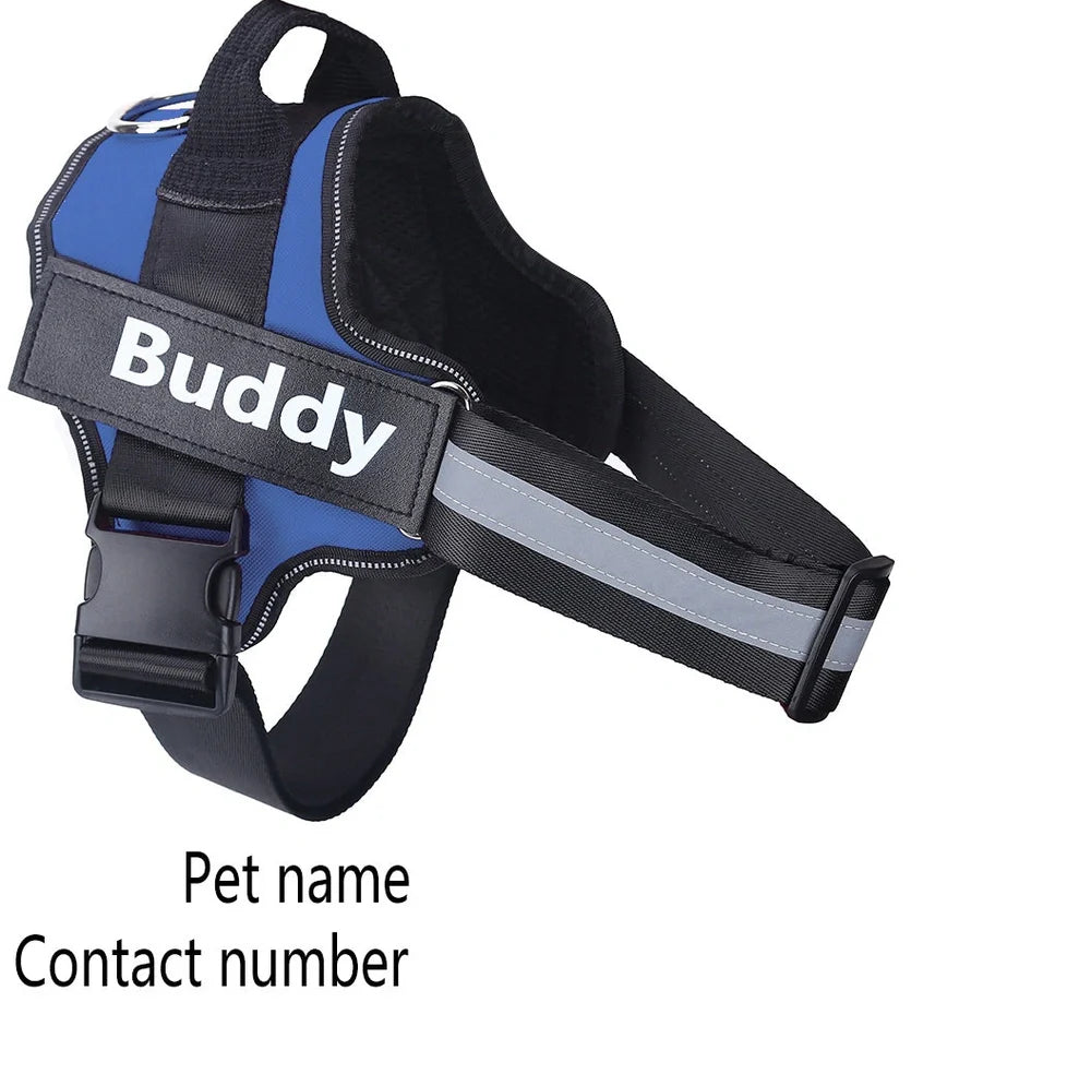 Personalised dog harness with reflective straps and adjustable chest fitting showing no-pull design