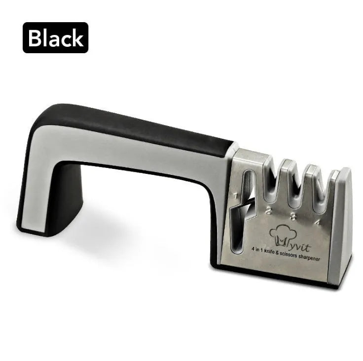 Black and cyan four-in-one kitchen knife sharpener with multiple sharpening rods on display
