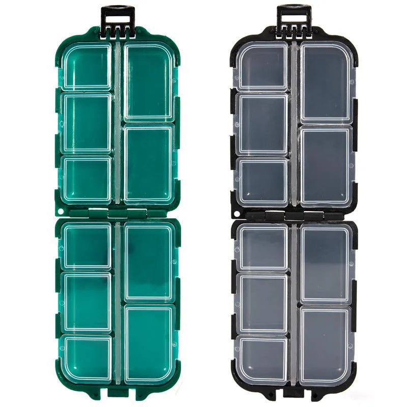 Portable fishing gear storage box measuring 9.5 x 6.5 x 3 cm with 10 internal compartments for organised tackle management on angling trips
