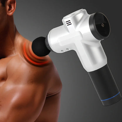 FL-8703 black massage gun with silicone head, 28cm length, showing speed control buttons and charging port