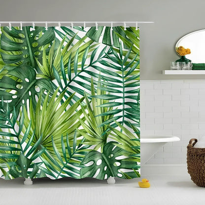Tropical shower curtain with green and white design, digital printing technology, multiple size options for bathrooms