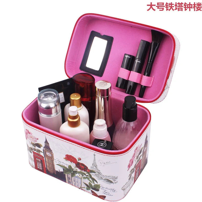 7-inch rigid cosmetic bag with waterproof PU leather and scenic pattern design