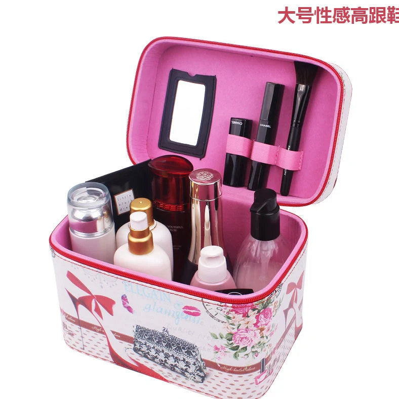 7-inch rigid cosmetic bag with waterproof PU leather and scenic pattern design