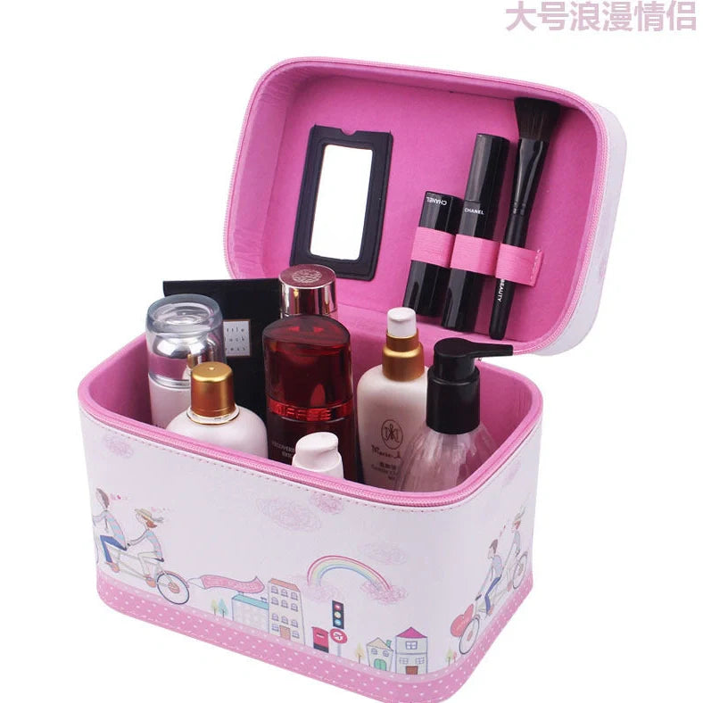 7-inch rigid cosmetic bag with waterproof PU leather and scenic pattern design