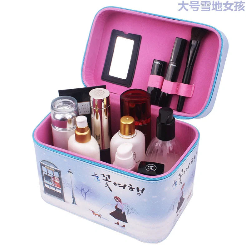 7-inch rigid cosmetic bag with waterproof PU leather and scenic pattern design