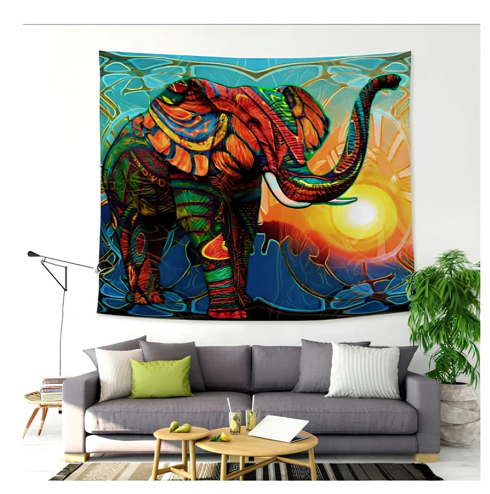Sunshine Elephant Tapestry with machine-woven cartoon pattern measuring 150x100cm to 230x150cm
