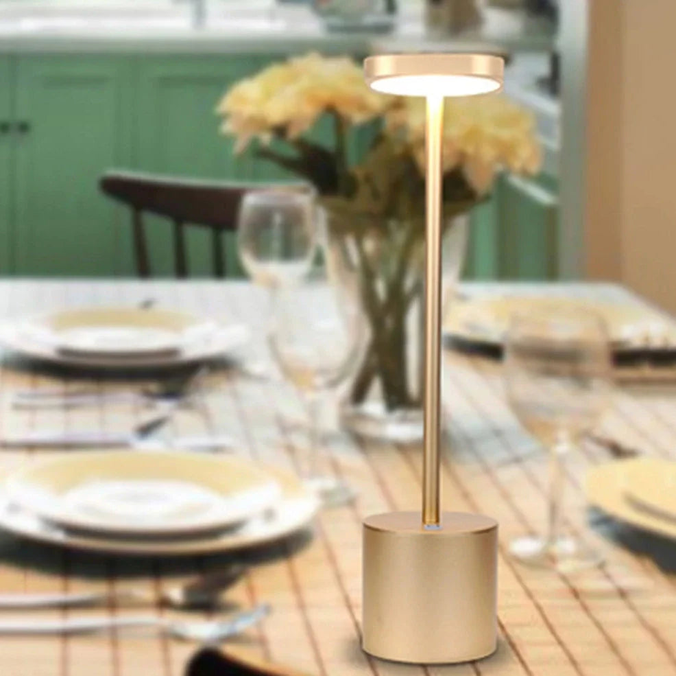 Gold LED table lamp with 38.5cm aluminium body and acrylic shadow showing 20 LED beads
