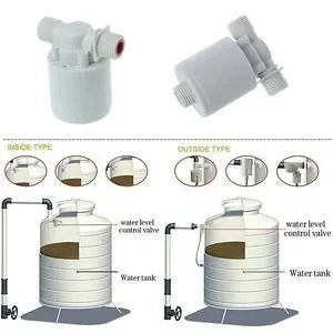 White nylon automatic float valve with threaded connection for purified water systems.
