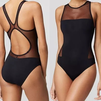 Vido Siamese Sand Swimsuit in black with high waist and retro wave design
