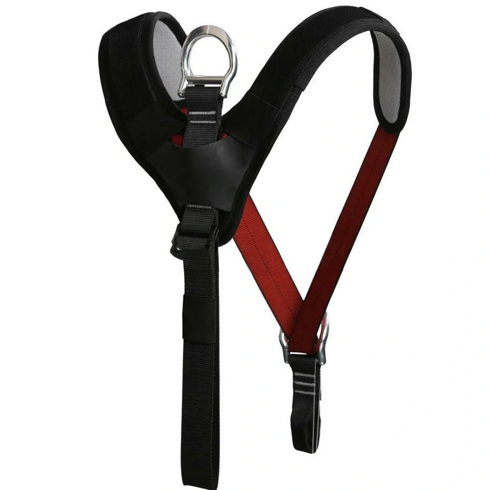 Red outdoor rescue seat belt for caving with reinforced stitching and polyester-silk blend material