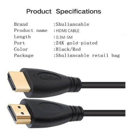 Gold-plated HDMI male-to-male cable showing connector detail and multiple length options