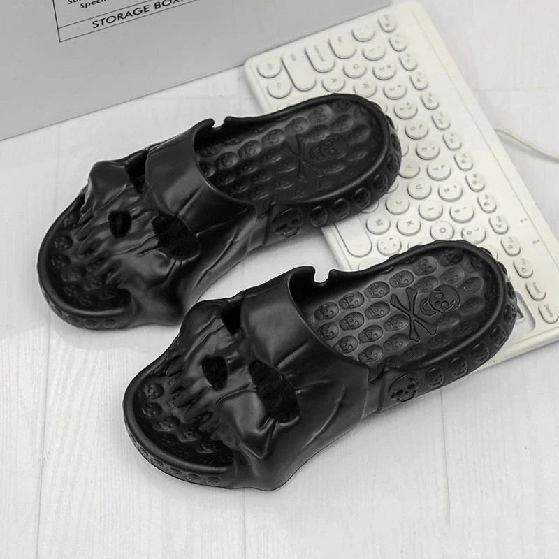 Spooky skull-printed slide sandals in various colors and sizes