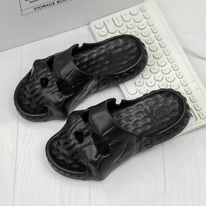 Spooky skull-printed slide sandals in various colors and sizes