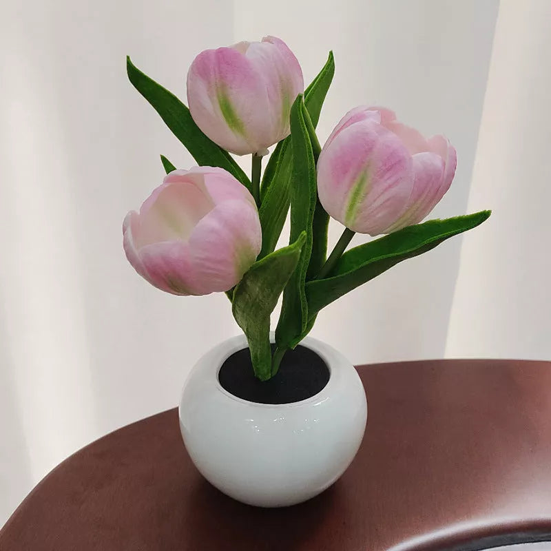 LED Tulip Night Light in ceramic pot with warm glow for home decoration