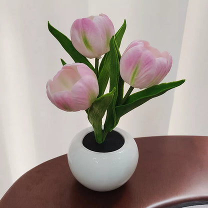 LED Tulip Night Light in ceramic pot with warm glow for home decoration