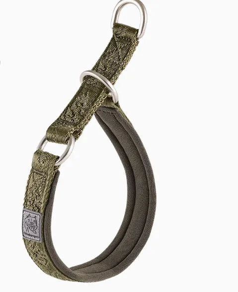 Nylon and aluminium alloy dog walking collar shown in army green colour, with sizing chart for dogs 2-70kg.