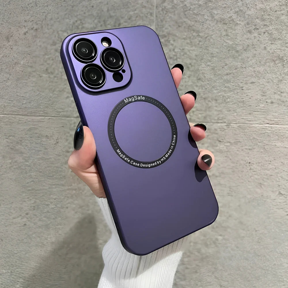 Magnetic matte phone case in Dark Night Purple colour showing ultra-thin 0.8mm profile and MagSafe compatibility