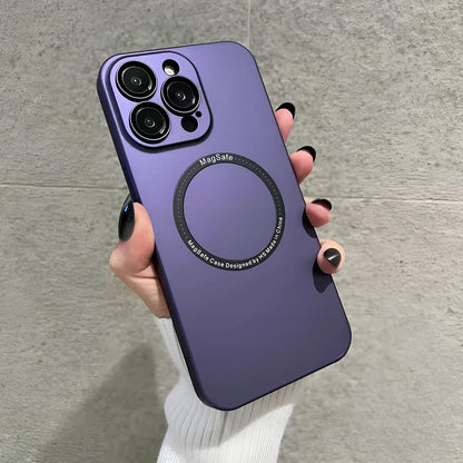 Magnetic matte phone case in Dark Night Purple colour showing ultra-thin 0.8mm profile and MagSafe compatibility