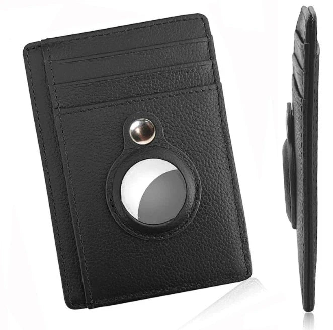 Slim leather wallet with built-in AirTag holder, featuring RFID-blocking technology and convenient card access