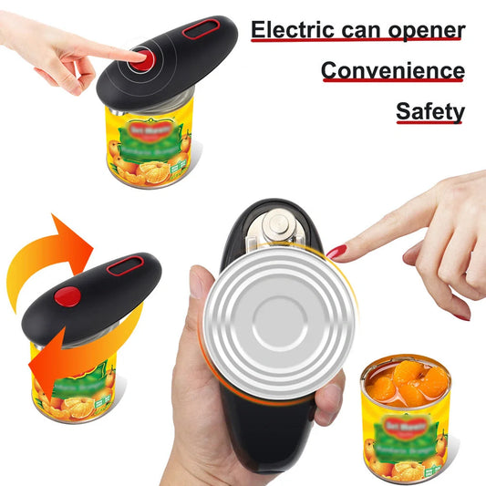 Cordless electric can opener with automatic stop and safety grooves