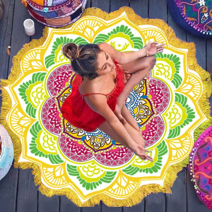 Retro ethnic round yoga mat with tassels, 150cm diameter, made from polyester and polyamide fiber