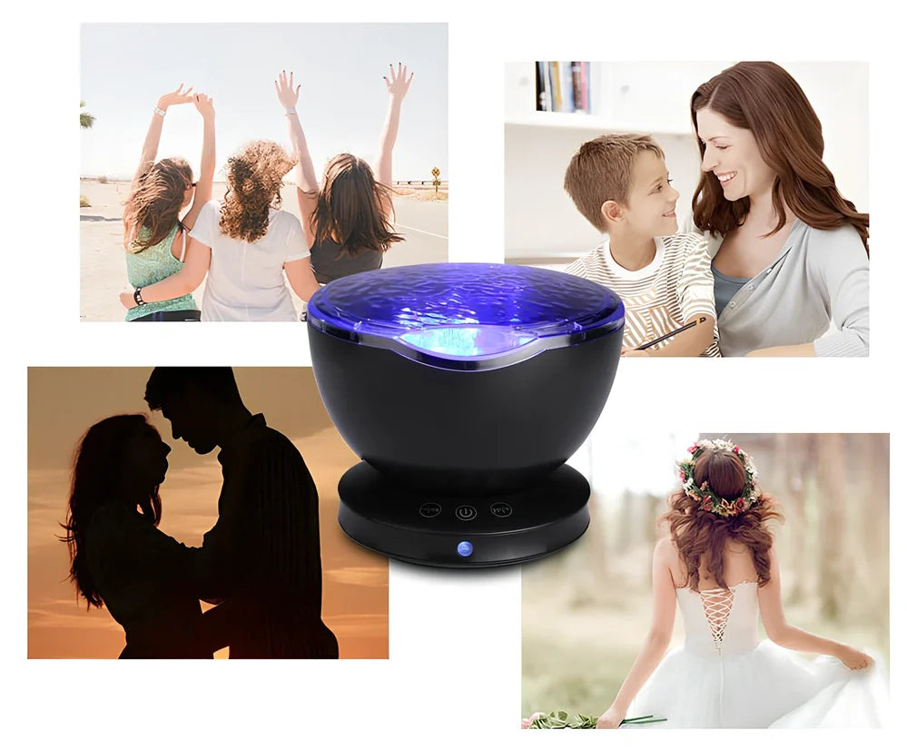 White and blue ocean wave projector measuring 13x12x12 cm with remote control