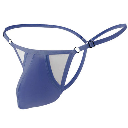 Men's ice silk T-back underwear in multiple colours featuring a geometric pattern, thin straps, and an adjustable pouch.