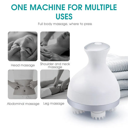 Blue electric scalp massager with four claw massage heads, IPX7 waterproof, rechargeable cradle base, 11x14cm