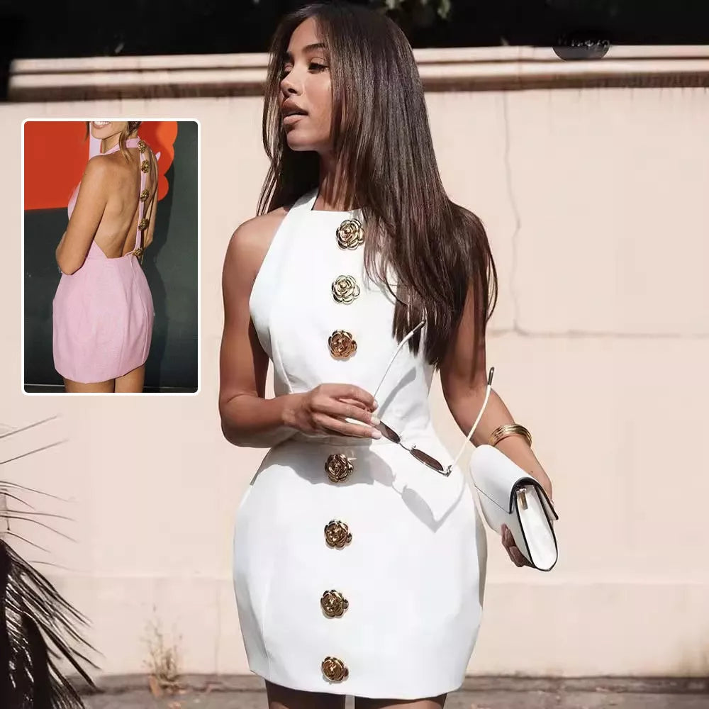 Sleeveless backless summer dress with rose button design in pink and white