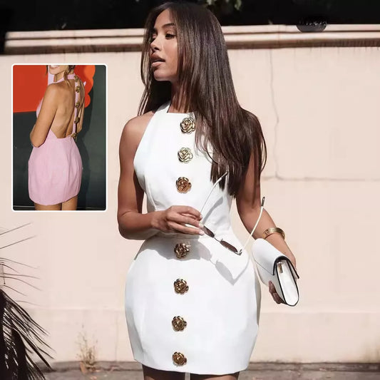 Sleeveless backless summer dress with rose button design in pink and white