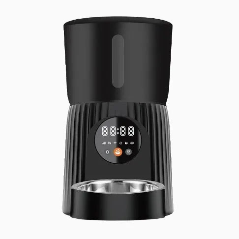Black intelligent pet feeder with transparent food container showing kibble, digital display, and USB power cable