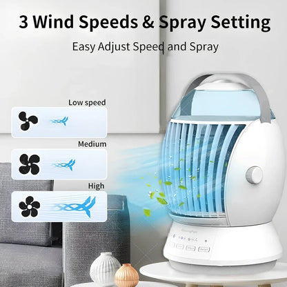 White USB desktop fog fan with water tank showing 45-degree swing function and manual adjustment controls