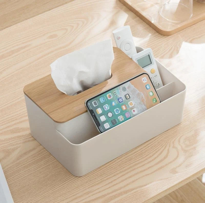 Multifunctional tissue box with remote control storage compartment, made of PS+ bamboo materials in apricot and white colors