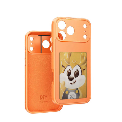 E-Ink screen phone case for iPhone 17 series in black, white, gray or orange, made of TPU and PC.