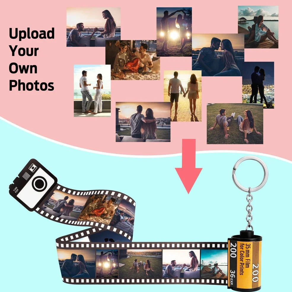 Yellow plastic film roll keychain with custom photo insertion compartment measuring 7cm
