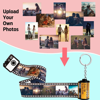 Yellow plastic film roll keychain with custom photo insertion compartment measuring 7cm