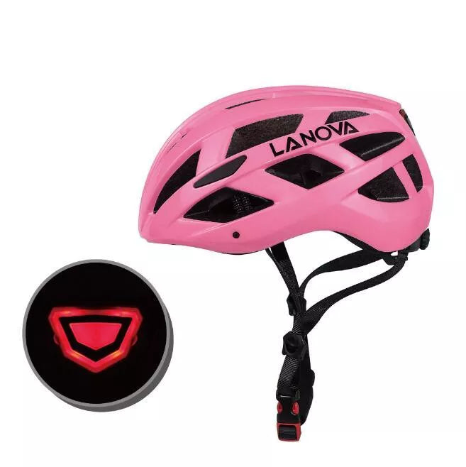Unisex bicycle helmet with integrated safety light in matte black, fluorescent green, purple, and white