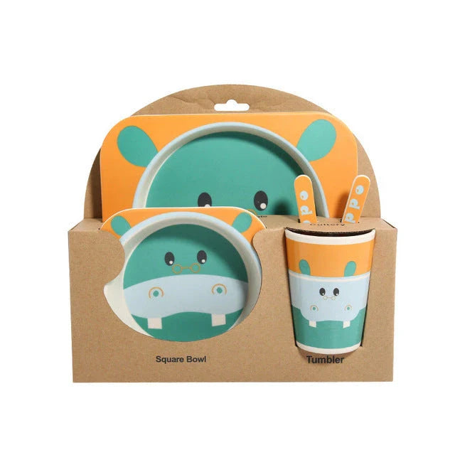 5-piece eco-friendly bamboo fiber children's tableware set with animal designs, including plate, bowl, cup, fork, and spoon