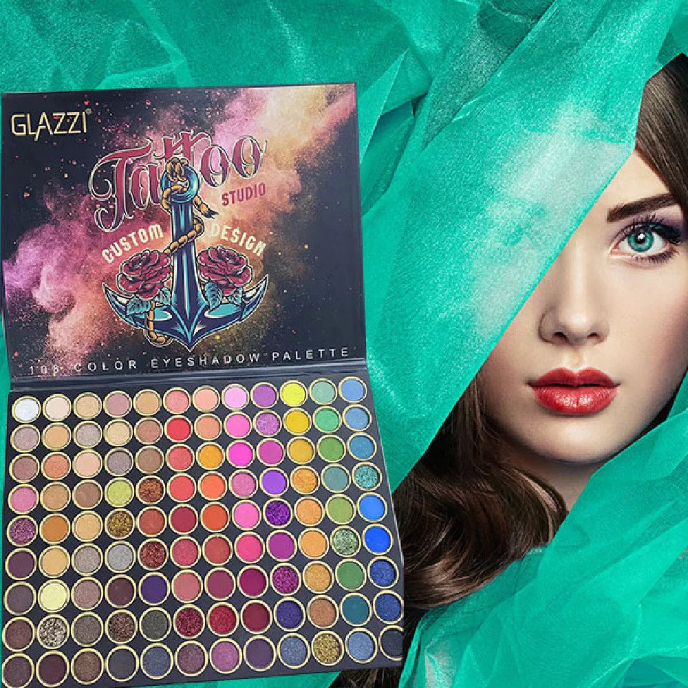108-color waterproof eye shadow palette with pearlescent, matte, and shimmering shades