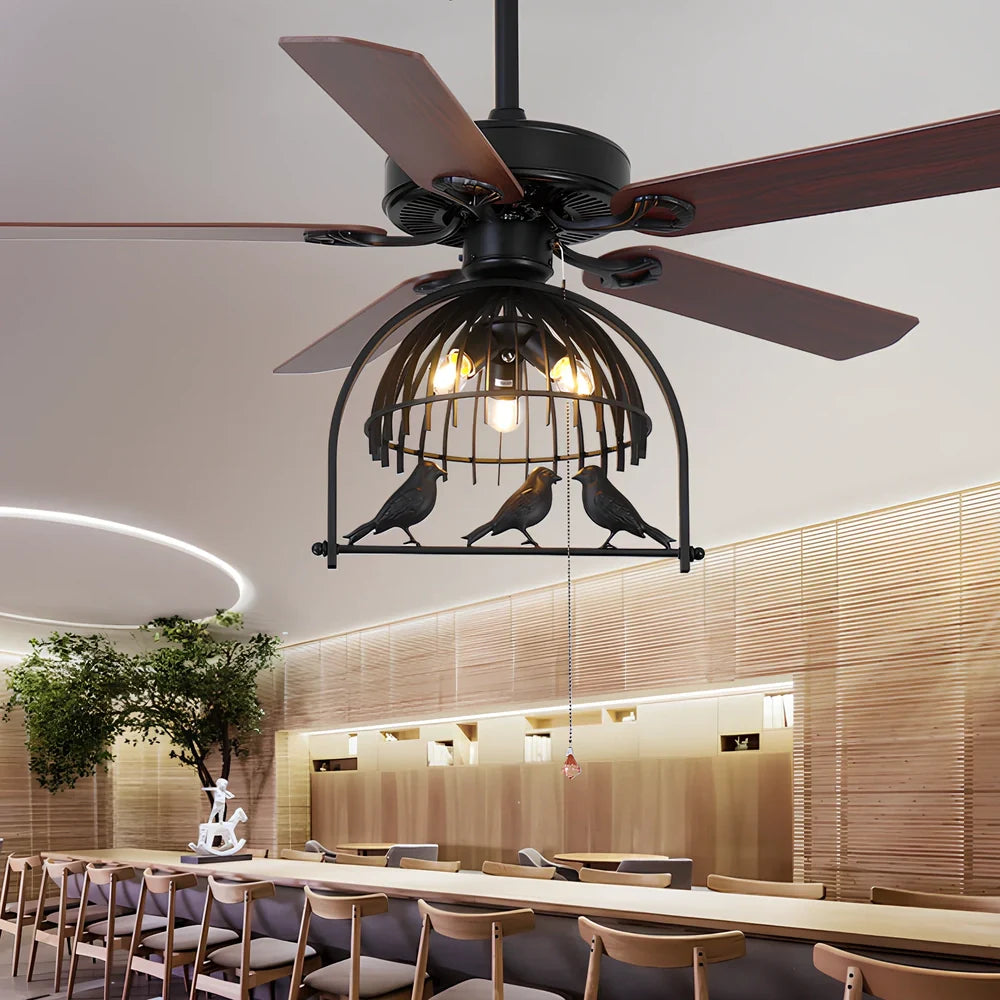 Retro industrial ceiling fan with five wooden blades, bird cage housing, and remote control