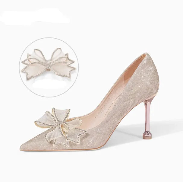 Champagne gold crystal sequinned stiletto heel pumps with shallow mouth for wedding banquets