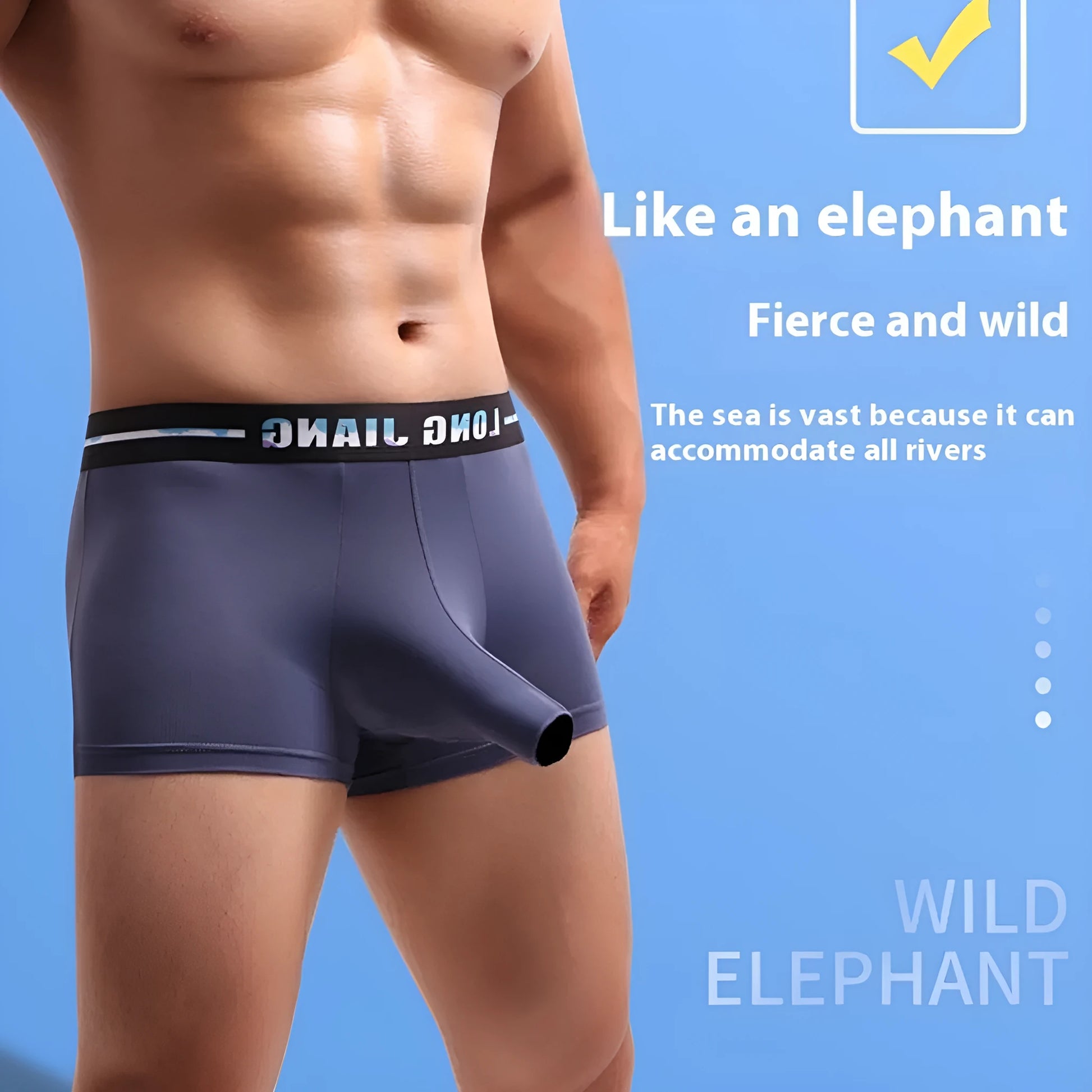 Men's grey blue ice silk trunk open boxers laid flat, showing mid-waist and knitted fabric texture.