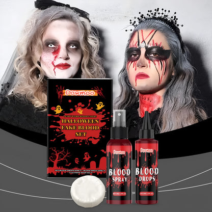 3-piece washable fake blood set with plasma drops, plasma spray, and surface soap for horror special effects makeup
