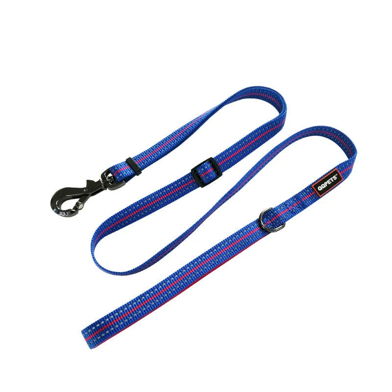 Nylon LED luminous pet collar leash in red, blue, and black with adjustable light modes