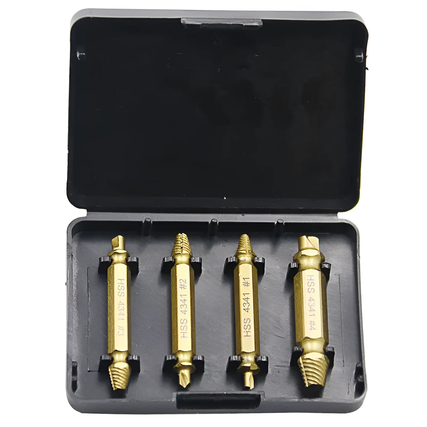 4341 high-speed steel screw extractor set with multiple sized tools on a workbench.